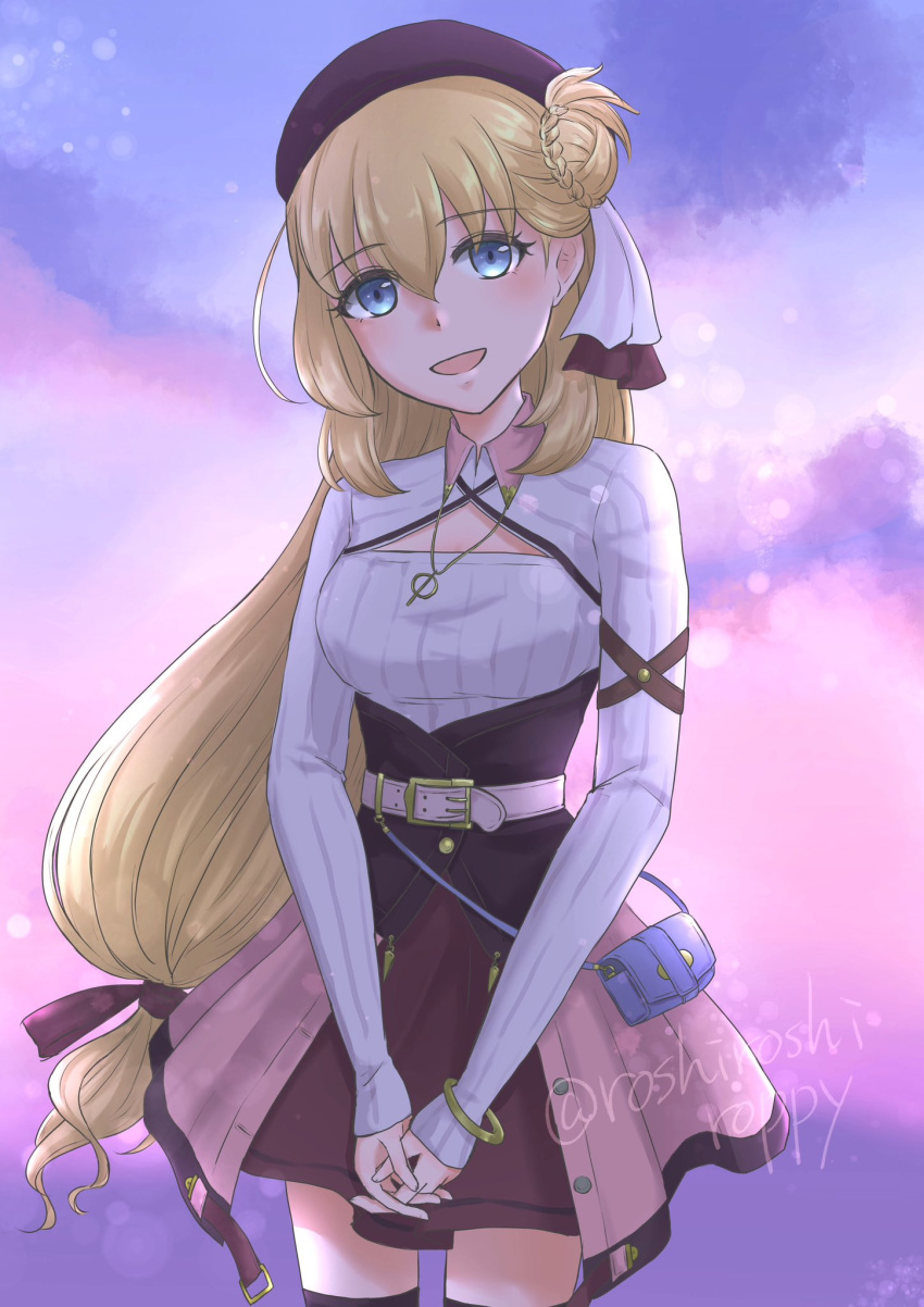 1girl, agnes_claudel, bag, beret, blonde_hair, blue_eyes, bracelet, bun_with_braided_base
