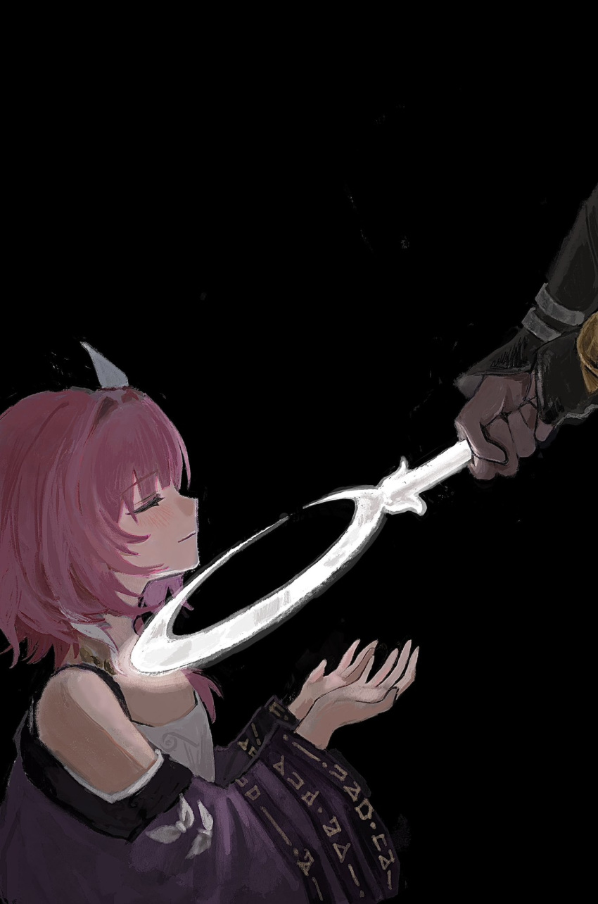 1boy, 1girl, black_background, breasts, ceremonial_blade_(honkai:_star_rail), closed_eyes, closed_mouth, coat