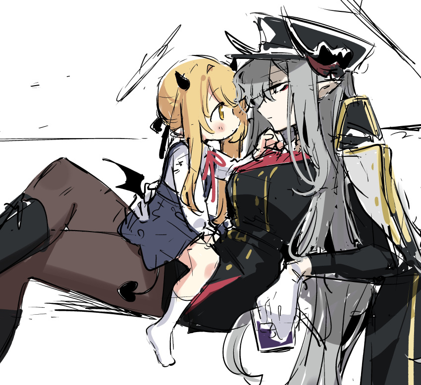 absurdres, age_difference, black_horns, black_wings, blonde_hair, blue_archive, demon_girl, demon_horns