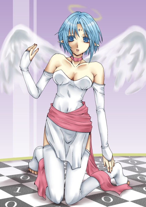 bare_shoulders, blue_eyes, blue_hair, breasts, bridal_gauntlets, checkered, choker, dualsky, facial_mark, filia_(star_ocean_2), forehead_mark, halo, kneeling, pointy_ears, short_hair, solo, star_ocean, star_ocean_the_second_story, thigh-highs, thighhighs, white_legwear, wings