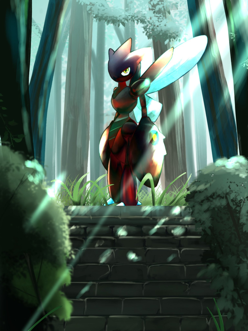 bug, claws, commentary_request, forest, full_body, highres, insect_wings, looking_at_viewer