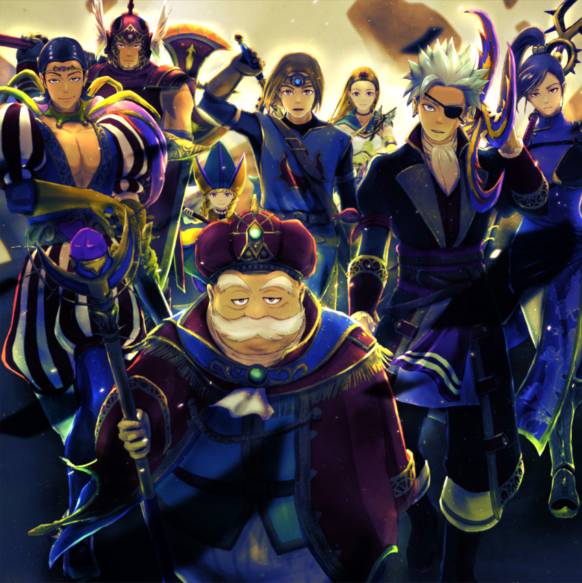 3girls, 5boys, aqua_cape, armor, ascot, asymmetrical_bangs, asymmetrical_dual_wielding, axe