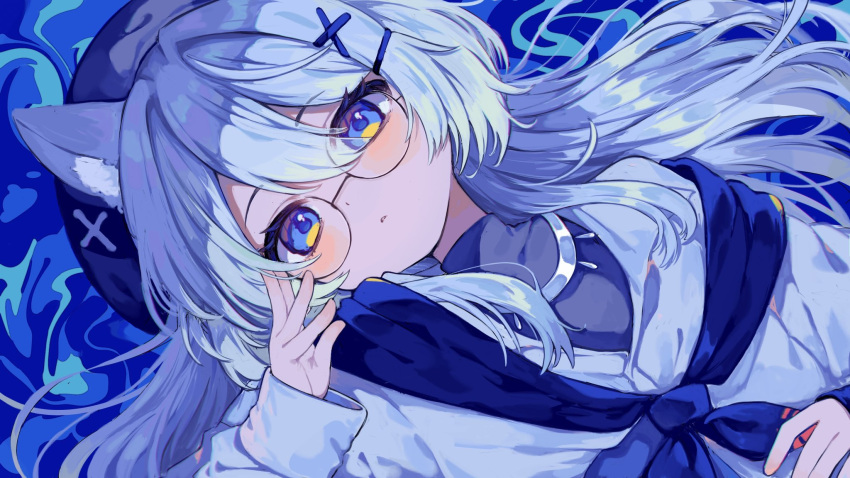 1girl, adjusting_eyewear, animal_ears, black-framed_eyewear, blue_eyes, blush, borrowed_character, closed_mouth, commission, fox_ears, fox_girl, grey_hair, griffon0416, hair_intakes, hair_ornament, hairclip, highres, long_hair, long_sleeves, looking_at_viewer, original, round_eyewear, skeb_commission, solo, x_hair_ornament