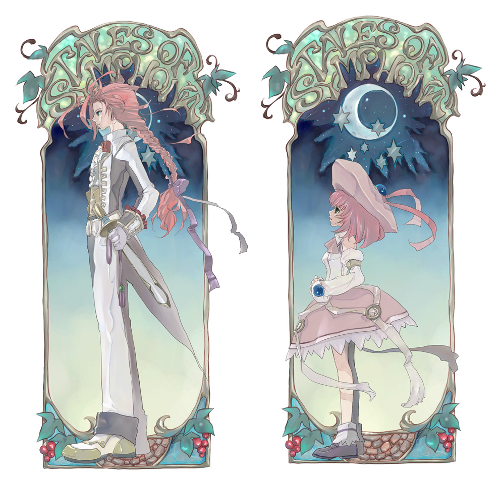 art_nouveau, bobby_socks, braid, brother_and_sister, crescent_moon, detached_sleeves, dress, formal