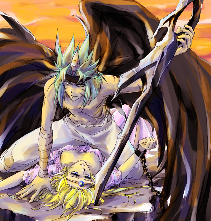 1girl, ahoge, aqua_hair, blonde_hair, blue_eyes, breasts, chain, chains