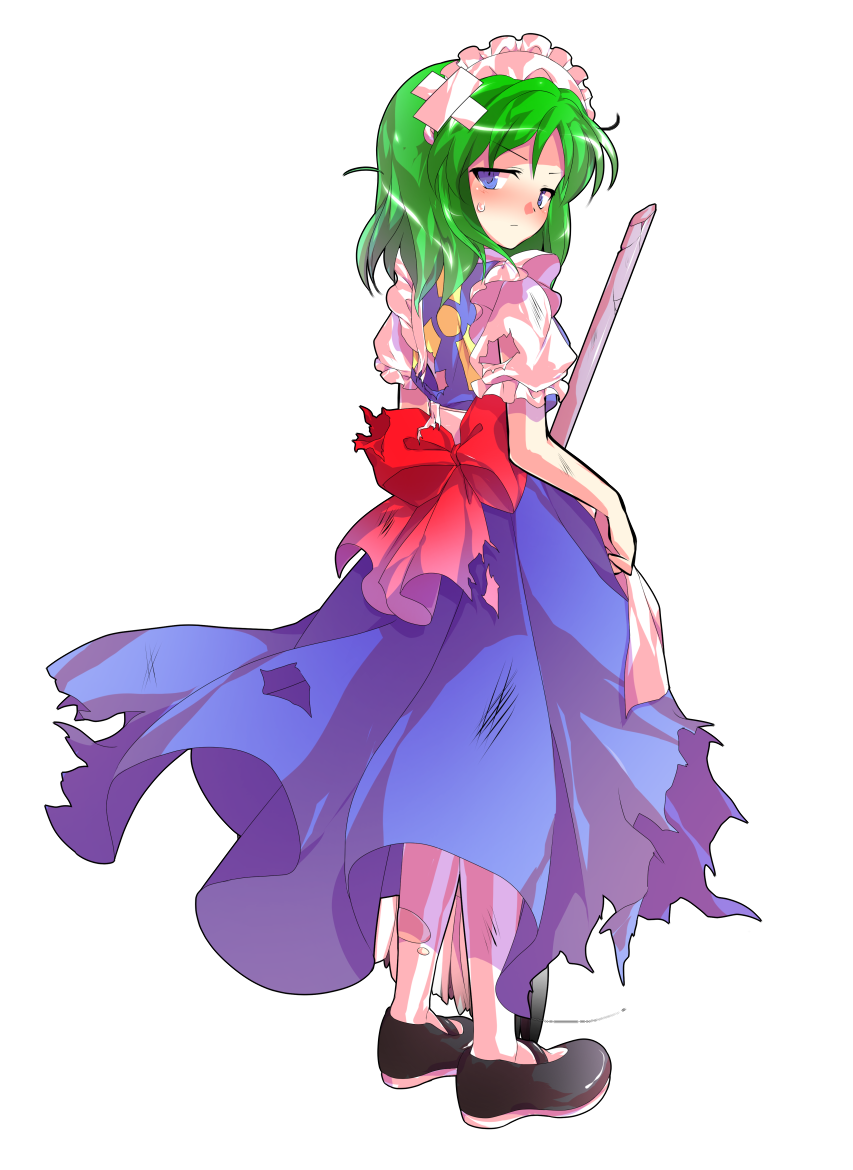 1girl, alphes_(style), android, apron, back, back_bow, black_shoes, blue_dress
