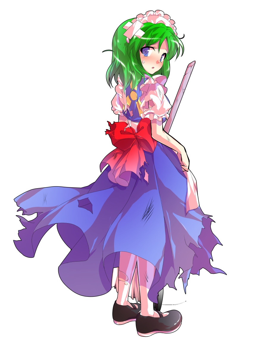 1girl, alphes_(style), android, apron, back, back_bow, black_shoes, blue_dress