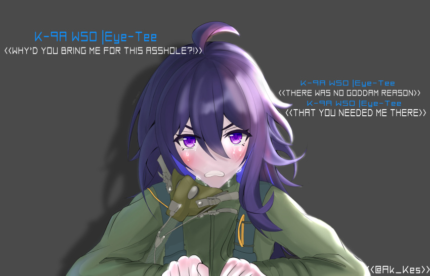 1girl, ahoge, ak_kes, blush, character_name, commentary, crying, crying_with_eyes_open, english_commentary, eye-tee_(project_wingman), highres, honkai:_star_rail, honkai_(series), long_sleeves, mask, molly_zhang, profanity, project_wingman, purple_hair, seele_(honkai:_star_rail), tears, unworn_mask, upper_body, violet_eyes, voice_actor_connection