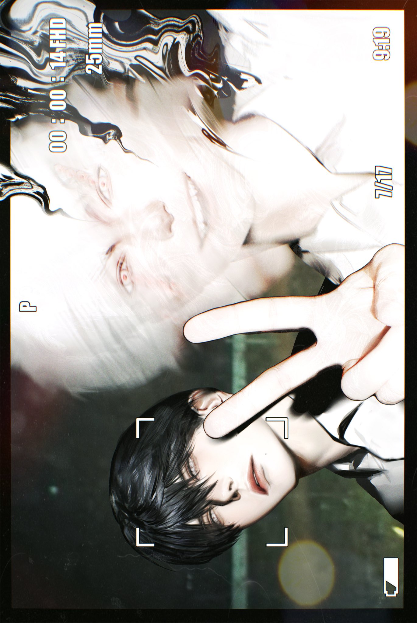 2boys, battery_indicator, black_hair, blurry, body_horror, collared_shirt, commentary, denpyu_shi