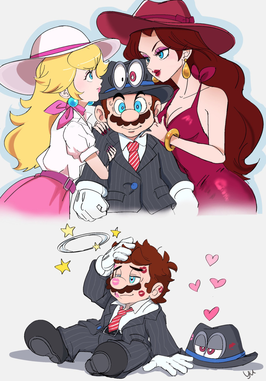 2boys, 2girls, after_kiss, agua_mp, arm_hug, big_nose, blonde_hair, brown_hair