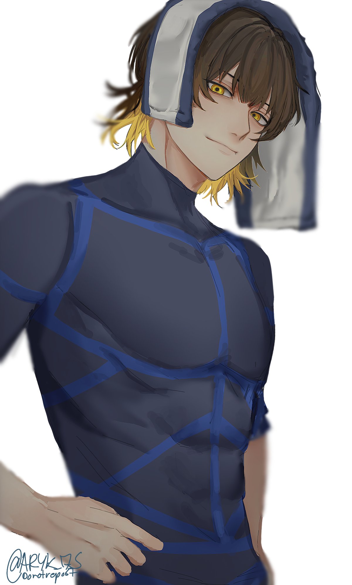 1boy, aryk_7_s, bachira_meguru, black_hair, blonde_hair, blue_lock, blue_lock_bodysuit, closed_mouth
