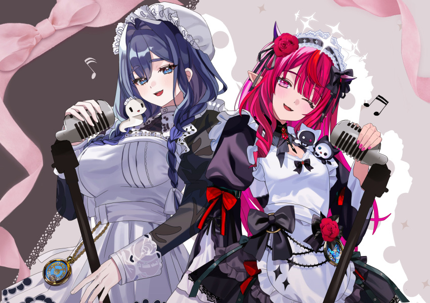 2girls, :d, ;d, absurdres, apron, black_dress, bloom_(irys), blue_eyes