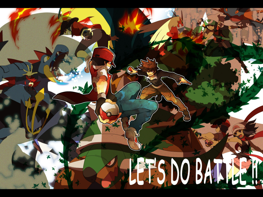 bag, bandana, bandanna, baseball_cap, beanie, black_hair, blaziken, blue_eyes, brown_eyes, brown_hair, dusk_ball, empoleon, engrish, feraligatr, fingerless_gloves, fire, gloves, gold_(pokemon), gold_(pokemon)_(remake), hana_(mew), haruka_(pokemon), hat, heal_ball, heavy_ball, highres, hikari_(pokemon), holding, holding_poke_ball, jacket, jewelry, kouki_(pokemon), leaf, necklace, ookido_green, ookido_green_(hgss), poke_ball, pokemon, pokemon_(game), pokemon_diamond_and_pearl, pokemon_dppt, pokemon_emerald, pokemon_gsc, pokemon_heartgold_and_soulsilver, pokemon_hgss, pokemon_rgby, pokemon_rse, premier_ball, ranguage, red_(pokemon), red_(pokemon)_(classic), red_hair, redhead, scarf, silver_(pokemon), silver_(pokemon)_(remake), skirt, swampert, torterra, typhlosion, watch, water, wristwatch, yuuki_(pokemon)