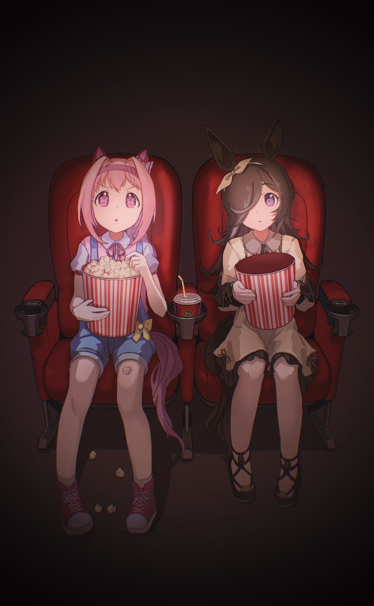 2girls, animal_ears, blue_shorts, bow, brown_dress, brown_hair, brown_shoes, collared_shirt