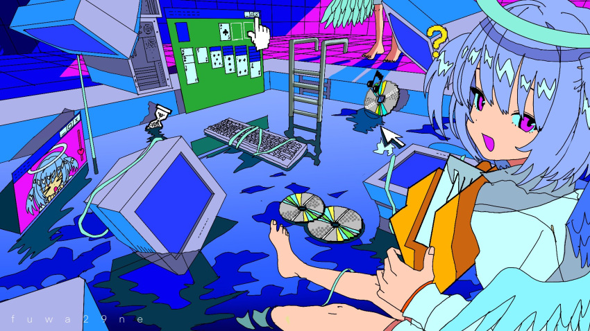 2girls, ?, afloat, angel, angel_wings, artist_name, barefoot, beamed_eighth_notes