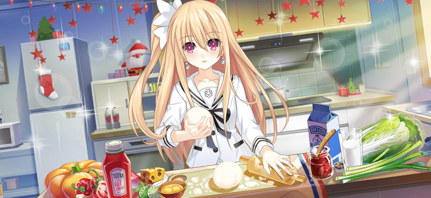 1girl, :o, blonde_hair, blush, cheese, christmas_ornaments, date_a_live, date_a_live:_spirit_pledge, dutch_angle, earrings, flour, food, game_cg, gekijouban_date_a_live:_mayuri_judgement, hair_between_eyes, heavy_lens_flare, indoors, jar, jewelry, ketchup_bottle, kitchen, lens_flare, long_hair, long_sleeves, looking_at_viewer, mayuri_(date_a_live), milk_carton, official_art, one_side_up, open_mouth, oven, pumpkin, refrigerator, school_uniform, solo, third-party_source, violet_eyes