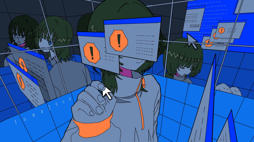 1girl, artist_name, black_hair, blue_eyes, blue_screen_of_death, censored, censored_identity, closed_eyes, closed_mouth, commentary, cursor, different_reflection, disembodied_head, error_message, floating_head, fuwa29ne, grey_shirt, hand_up, high_collar, highres, holding, indoors, interface_censor, limited_palette, mirror, original, pout, reflection, shirt, short_hair, sitting, smile, solo, standing, tile_wall, tiles, window_(computing), zipper, zipper_pull_tab