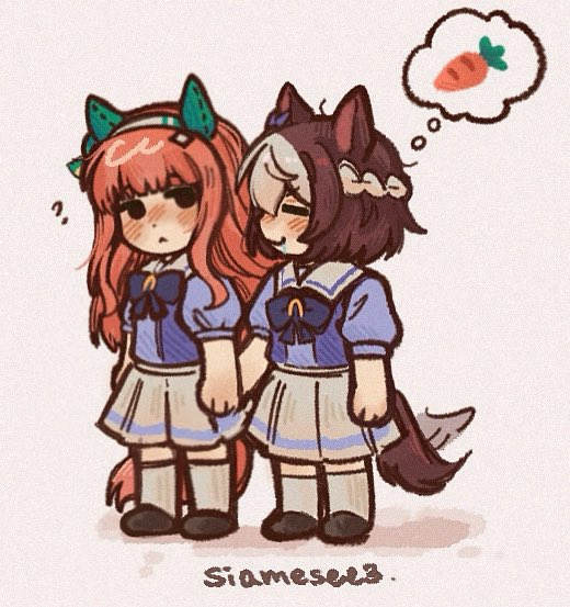 2girls, :<, ?, animal_ears, black_eyes, blunt_bangs, brown_hair, carrot