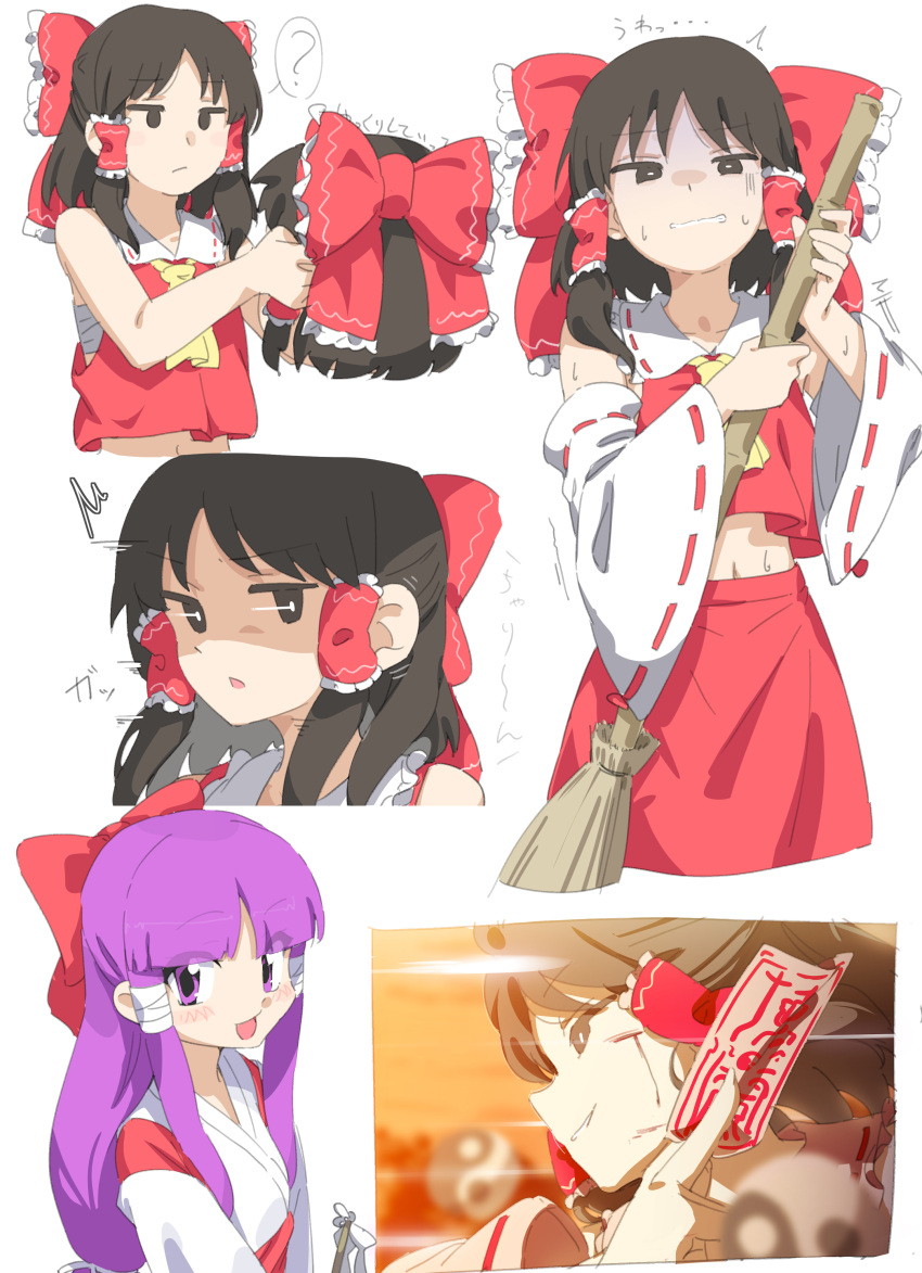 absurdres, bare_shoulders, blush, bow, broom, brown_eyes, brown_hair, csham