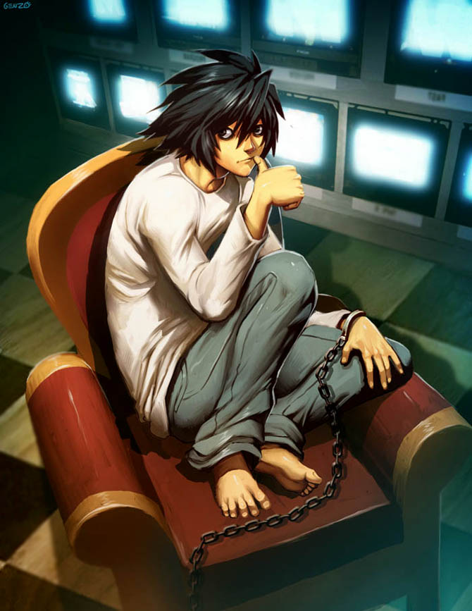 armchair, bags_under_eyes, barefoot, biting, chain, chained, chains, checkered, checkered_floor, couch, cuffs, death_note, face, feet, feet_on_chair, genzoman, handcuffs, hands, jeans, l, male, solo, sweater, television, thumb_biting