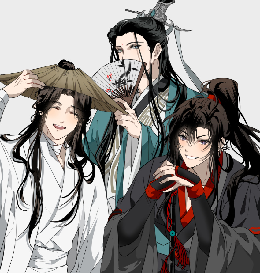 3boys, adjusting_clothes, adjusting_headwear, ahoge, bandaged_arm, bandaged_neck, bandages, bishounen