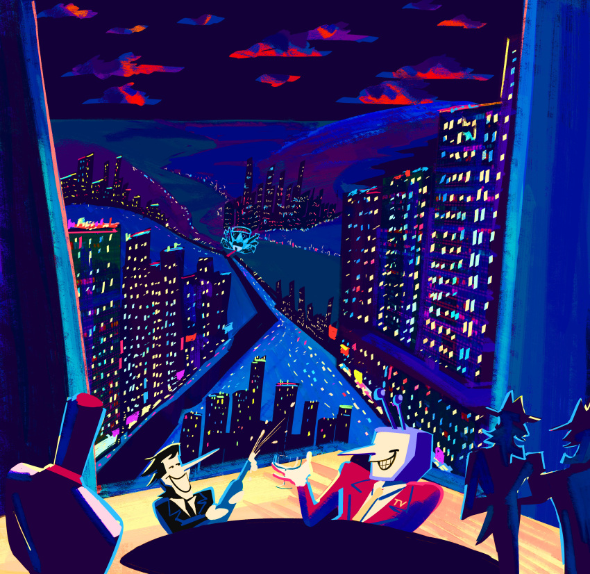 5boys, absurdres, alcohol, ant_tenna, bottle, building, champagne_bottle, clouds