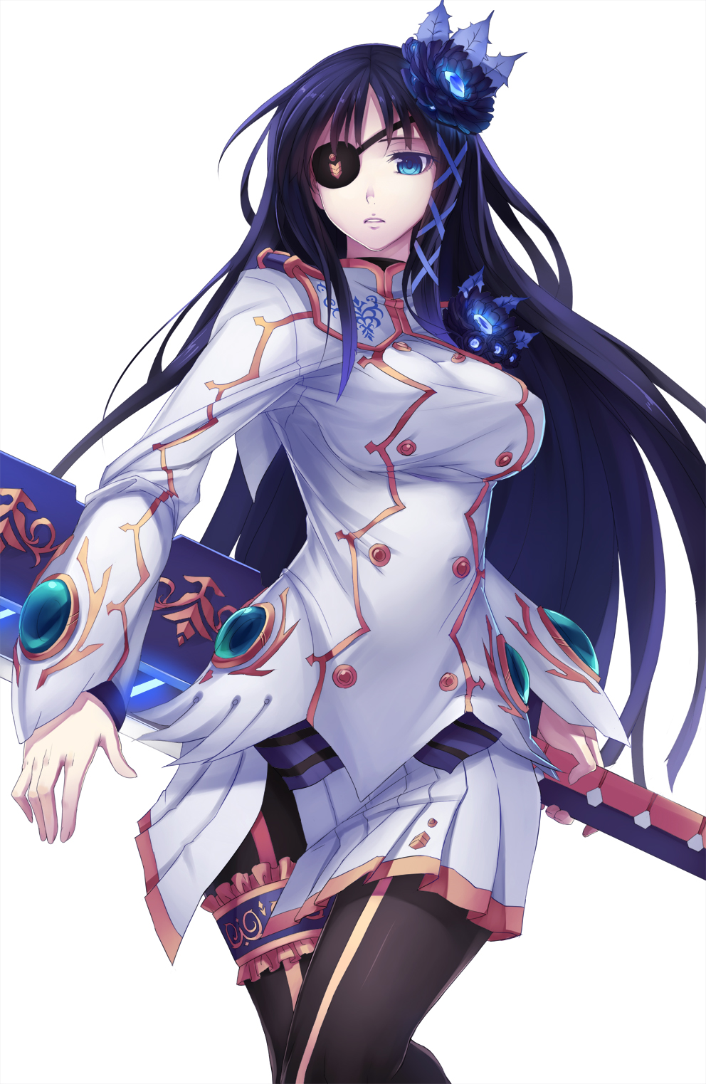 blue_eyes, eyepatch, flower, frills, hair_flower, hair_ornament, hair_ribbon, highres, leg_garter, long_hair, nagisa_(psp2i), pantyhose, phantasy_star, phantasy_star_portable_2_infinity, ribbon, simple_background, steelleets, taut_shirt, thigh_strap, uniform, weapon