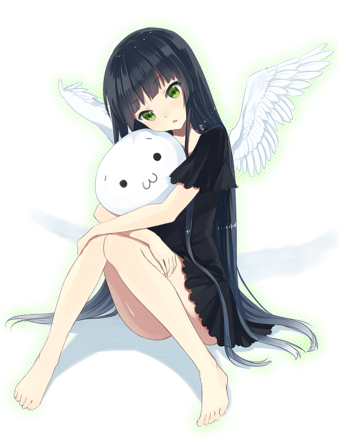 :3, angel_wings, bangs, bare_legs, barefoot, black_hair, blunt_bangs, convenient_leg