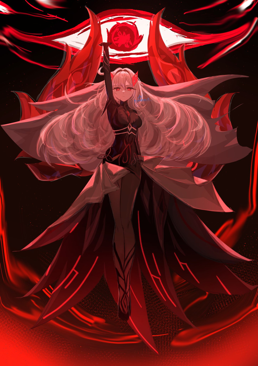1girl, arm_up, artist_name, black_background, black_dress, black_skin, blonde_hair, colored_skin, commentary_request, dress, duplicate, eye_symbol, floating, floating_hair, genshin_impact, glowing, glowing_eyes, gradient_background, hair_between_eyes, hair_floating_upwards, hair_intakes, hair_ornament, highres, long_hair, looking_at_viewer, multicolored_skin, nekokuro_(geja5355), powering_up, red_eyes, red_wings, ronova_(genshin_impact), shade, solo, symbol-shaped_pupils, two-tone_skin, veil, wavy_hair, wings