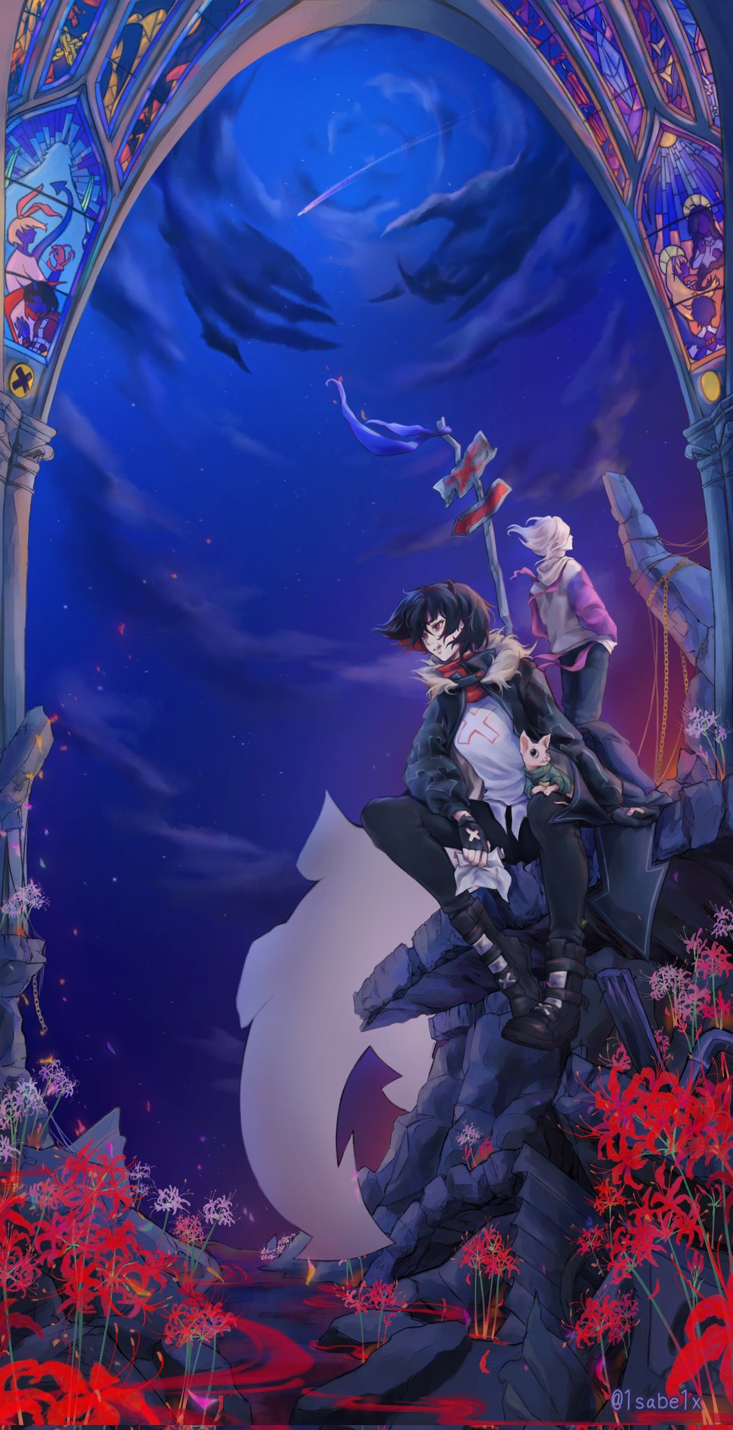 1other, 1sabe1x, 2girls, arrow_(symbol), black_gloves, black_hair, black_jacket, boots