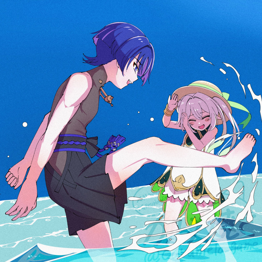 1boy, 1girl, arms_at_sides, barefoot, black_shorts, bloomers, blue_hair, blue_sky