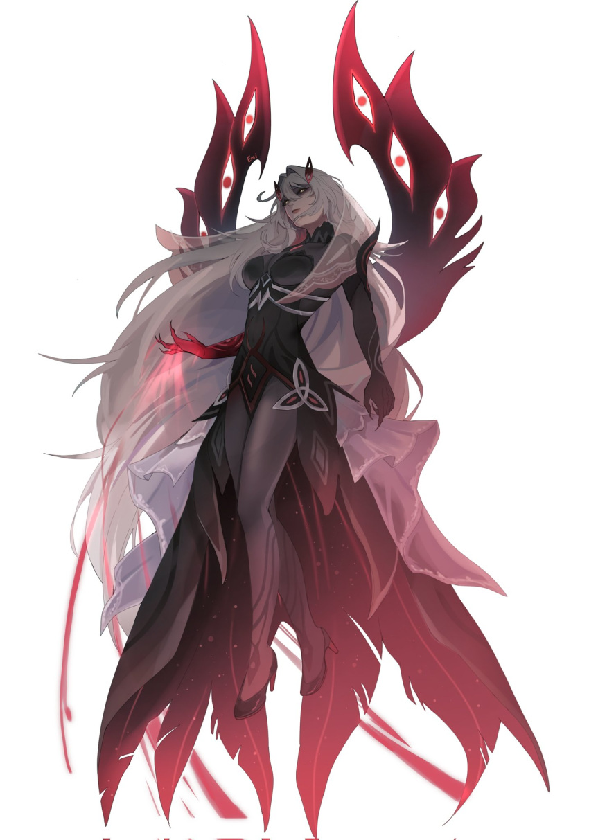 1girl, black_claws, black_dress, black_shoes, black_skin, blonde_hair, closed_mouth, colored_skin