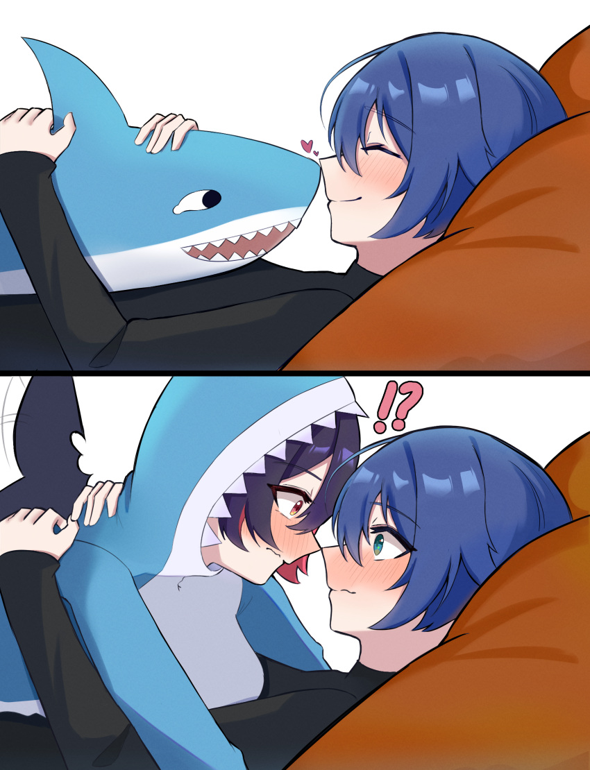 2girls, absurdres, animal_costume, aqua_eyes, belle_(zenless_zone_zero), black_hair, black_shirt, blue_hair, blush, closed_eyes, closed_mouth, commentary, ellen_joe, eye_contact, fins, fish_tail, highres, kunchim2_cat_transformation_template_(meme), looking_at_another, meme, multiple_girls, noses_touching, red_eyes, shark_costume, shark_tail, shirt, simple_background, smile, stuffed_animal, stuffed_shark, stuffed_toy, symbol-only_commentary, tail, transformation, white_background, yuri, zenless_zone_zero, zysora