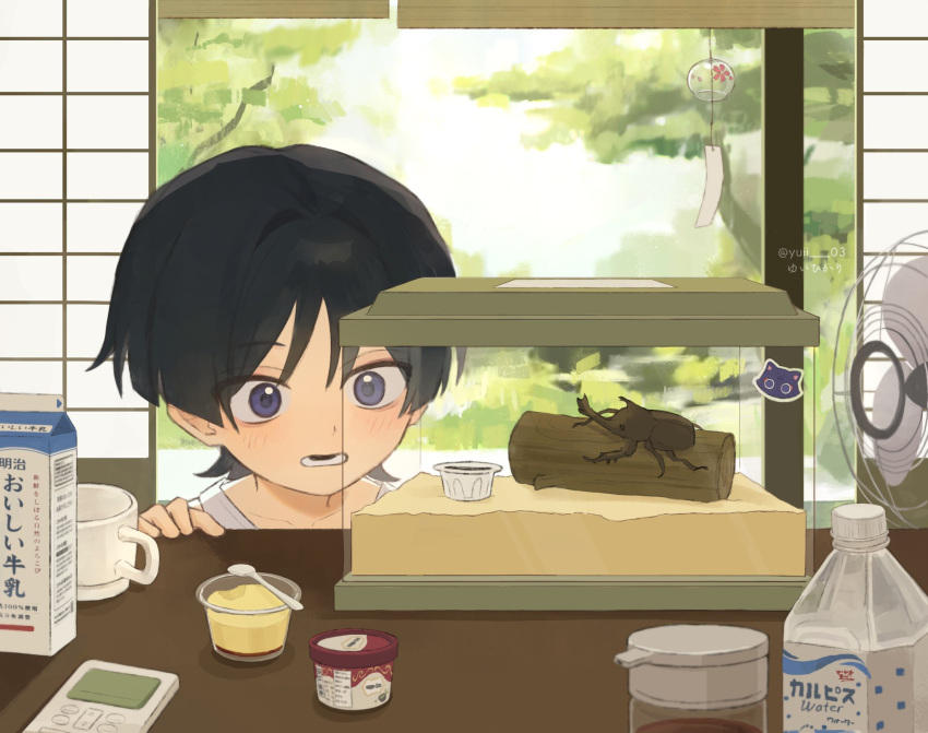 1boy, aged_down, alternate_universe, beetle, black_hair, blunt_ends, bottle, bug
