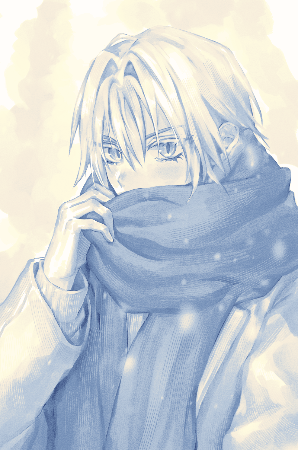 1boy, adjusting_scarf, alternate_costume, blue_scarf, coat, covered_mouth, final_fantasy, final_fantasy_vii