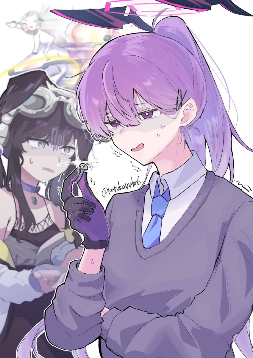 1boy, 2girls, animal_ears, black_hair, blue_archive, blue_necktie, collared_shirt, dog_ears