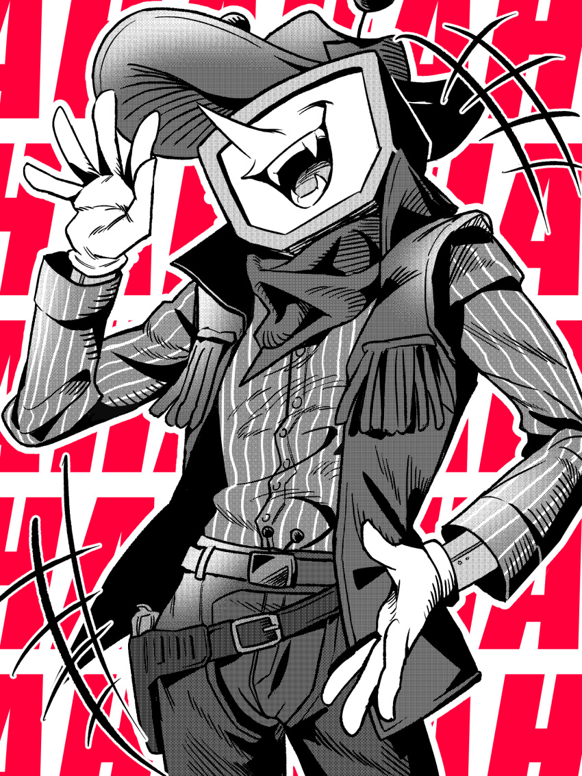1boy, ant_tenna, ant_tenna_(shootout), belt, belt_buckle, buckle, chaps, cowboy_hat, cowboy_shot, crt, deltarune, fangs, gloves, greyscale_with_colored_background, hat, highres, humanoid_robot, iagura_gura, male_focus, mechanical_arms, object_head, official_alternate_costume, open_mouth, pinstripe_pattern, pinstripe_shirt, pointy_nose, robot, scarf, shirt, shirt_tucked_in, smile, vest