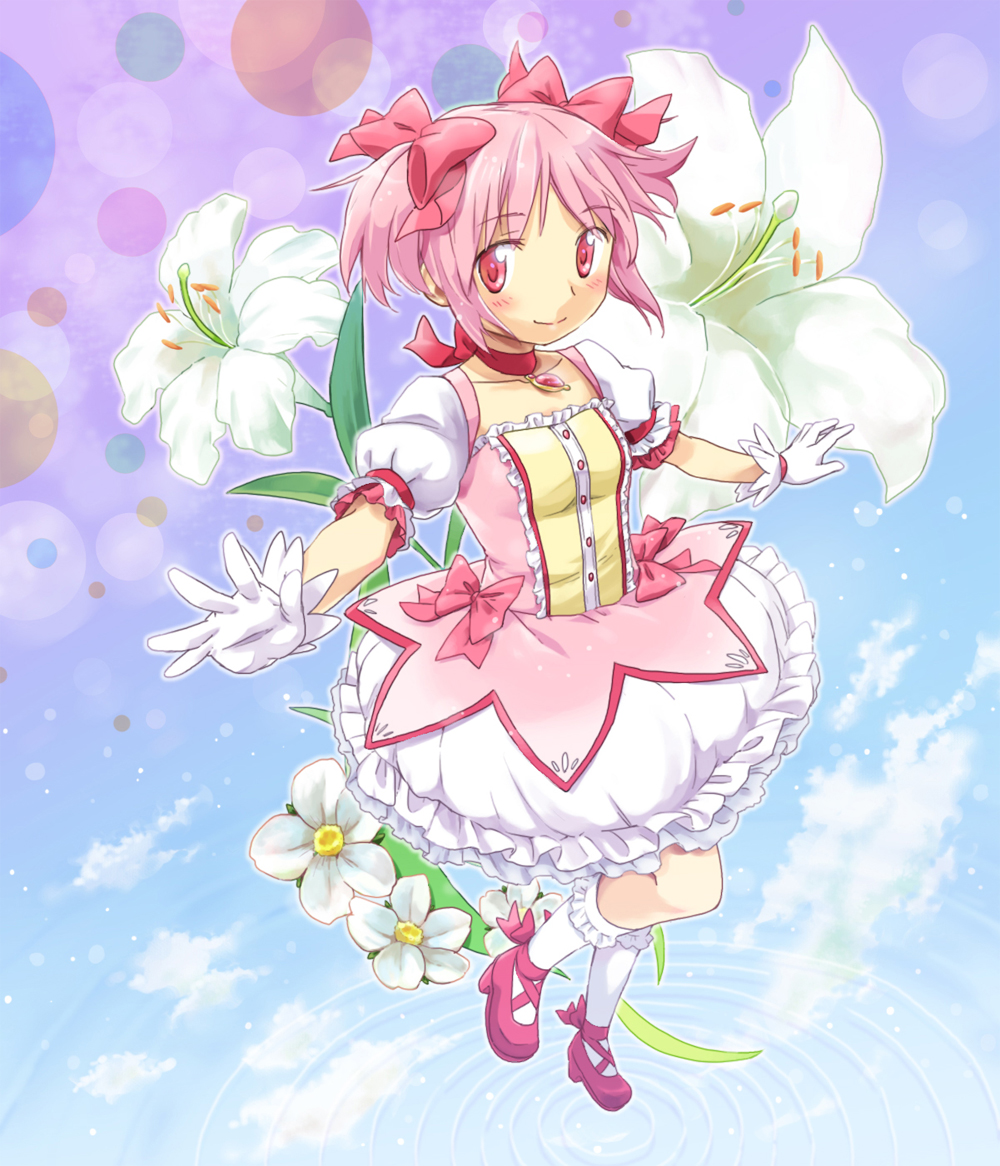 bubble_skirt, d-nezumi, flower, gloves, hair_bow, kaname_madoka, kneehighs, lily