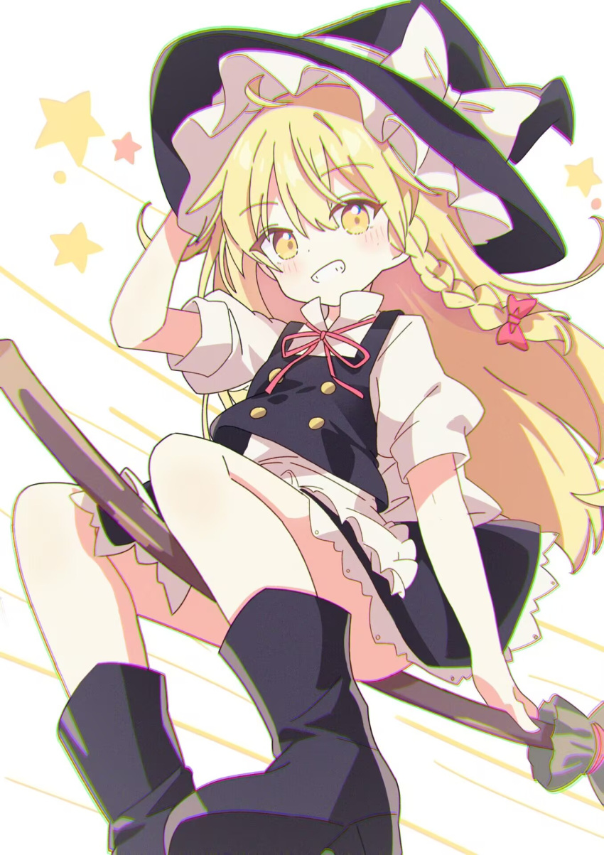 1girl, apron, black201_wav, black_boots, black_hat, black_vest, blonde_hair, blush, boots, bow, braid, broom, broom_riding, commentary, frilled_skirt, frills, grin, hair_bow, hands_on_headwear, hat, hat_bow, highres, kirisame_marisa, long_hair, looking_at_viewer, neck_ribbon, puffy_short_sleeves, puffy_sleeves, red_ribbon, ribbon, short_sleeves, side_braid, single_braid, skirt, smile, solo, star_(symbol), touhou, very_long_hair, vest, waist_apron, white_apron, white_bow, witch_hat, yellow_eyes