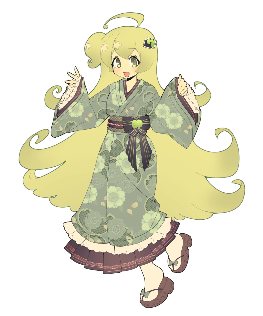 ahoge, apple, bow, brown_sandals, floral_print, floral_print_kimono, food, frilled_sleeves