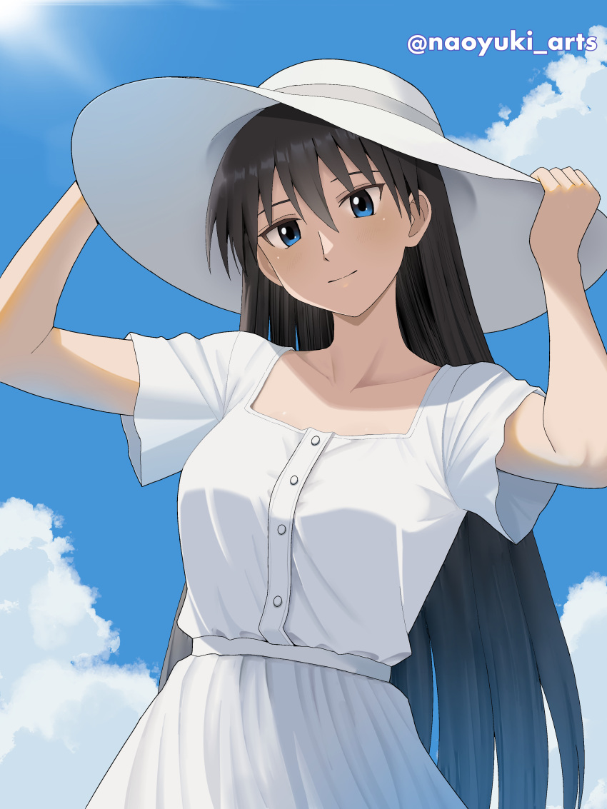 1girl, absurdres, artist_name, azumanga_daioh, black_hair, blue_eyes, clouds, cloudy_sky