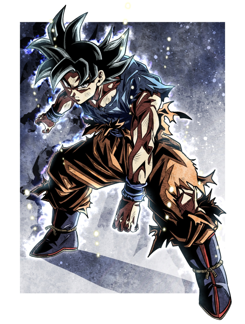 1boy, aura, black_hair, border, bruise, bruise_on_arm, bruise_on_face, bruise_on_torso, closed_mouth, dougi, dragon_ball, dragon_ball_super, frown, full_body, grey_eyes, highres, injury, looking_at_viewer, male_focus, orange_pants, outside_border, pants, shirt, solo, son_goku, spiky_hair, torn_clothes, torn_pants, torn_shirt, ultra_instinct, ushi_(akabec0), white_border, wristband