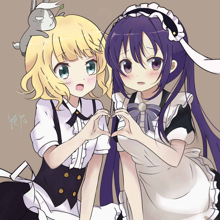 2girls, :d, animal_on_head, apron, black_shirt, black_skirt, blonde_hair, blush