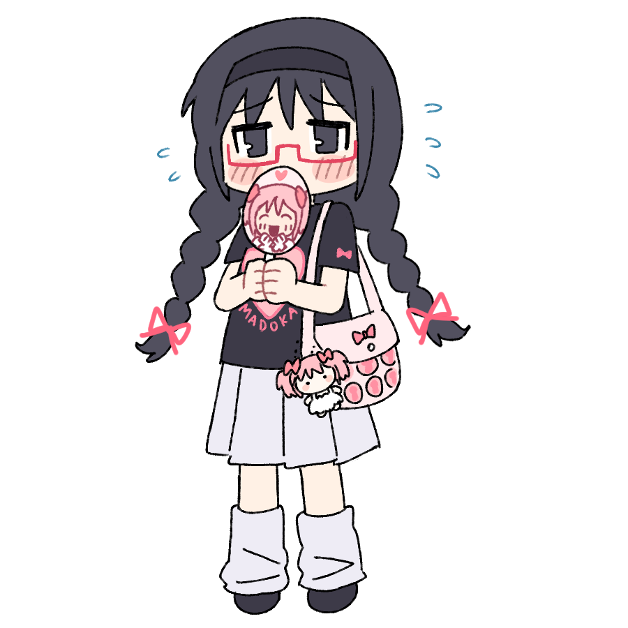 1girl, akemi_homura, bag, black_hair, black_headband, black_shoes, blush, bow, braid, character_doll, character_fan, character_name, daily_danmi, doll, glasses, headband, heart, heart_print, itabag, kaname_madoka, korean_commentary, long_hair, looking_at_viewer, mahou_shoujo_madoka_magica, mahou_shoujo_madoka_magica_(anime), pink_bow, pink_ribbon, pleated_skirt, red-framed_eyewear, ribbon, shoes, shoulder_bag, skirt, socks, sweatdrop, twin_braids, white_background, white_socks