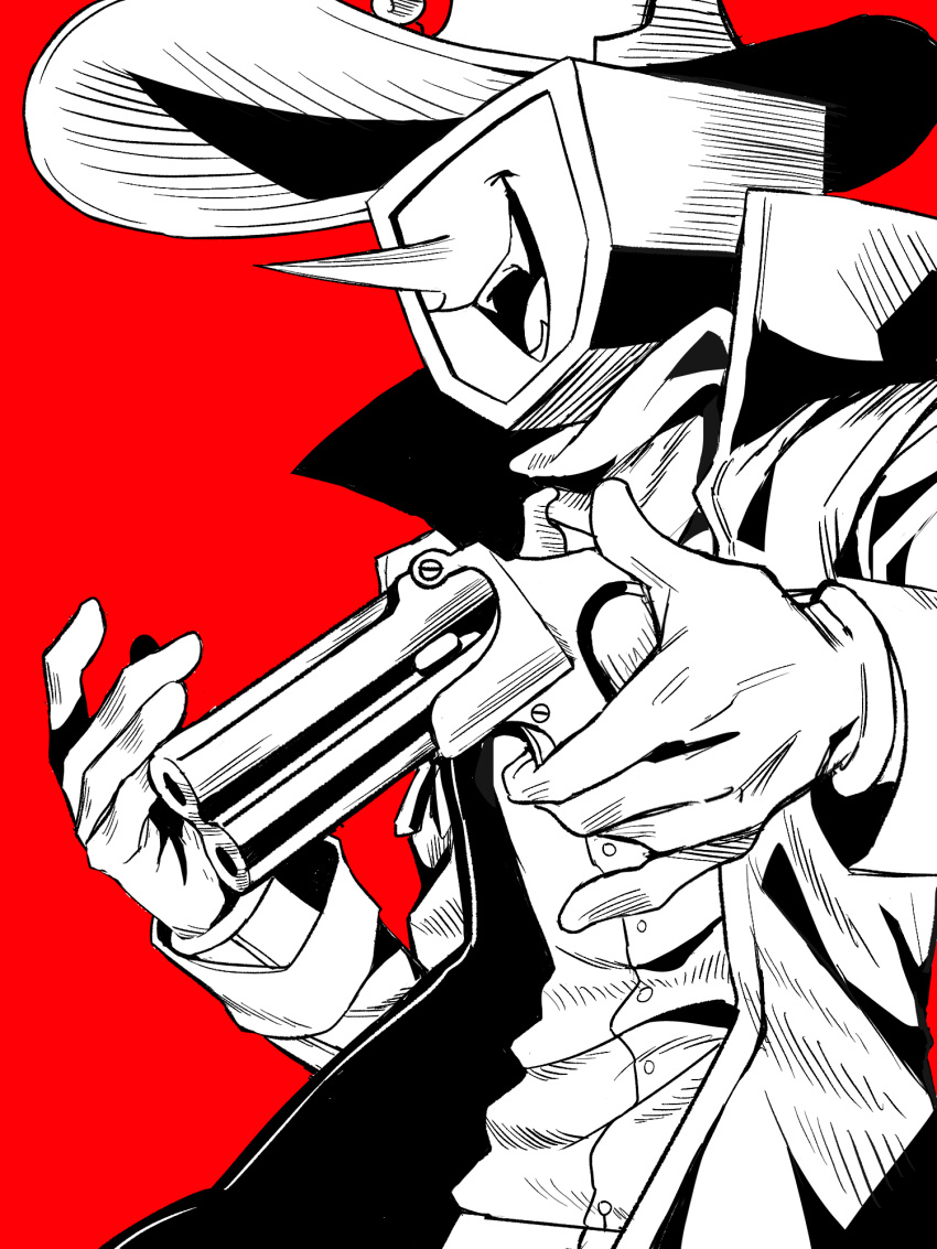 1boy, ant_tenna, ant_tenna_(shootout), belt, cowboy_hat, cowboy_shot, crt, deltarune, fangs, gloves, greyscale_with_colored_background, gun, hands_up, hat, highres, holding, holding_gun, holding_weapon, iagura_gura, male_focus, object_head, official_alternate_costume, open_mouth, pointy_nose, scarf, shirt, shirt_tucked_in, smile, solo, vest, weapon