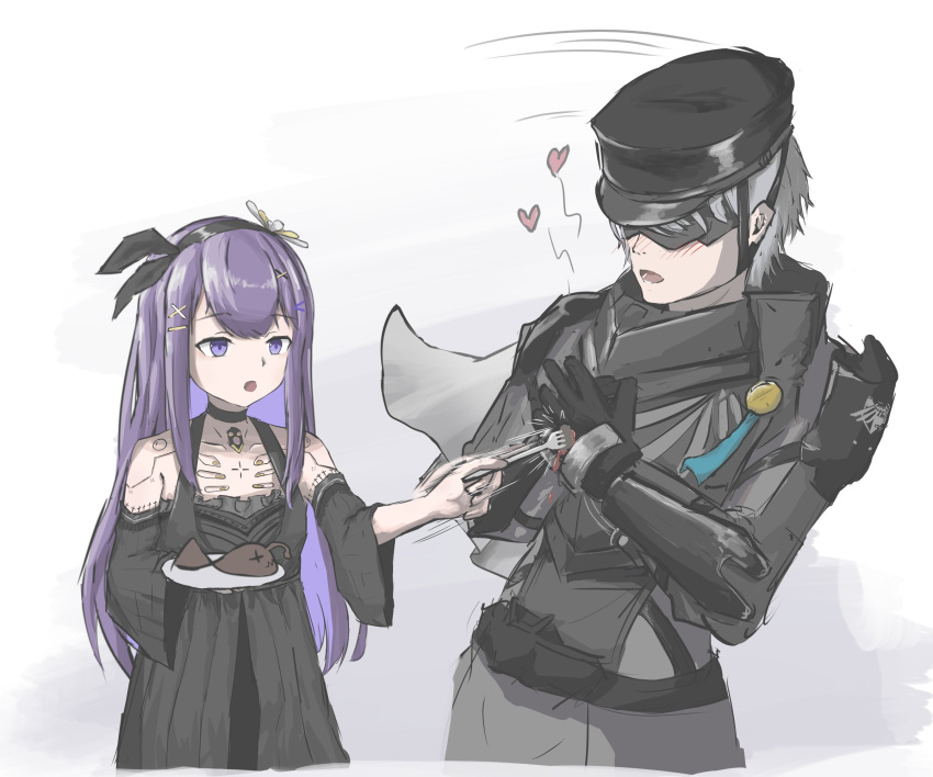 2boys, black_choker, black_dress, black_hat, choker, commandant_(pgr), detached_sleeves, dress