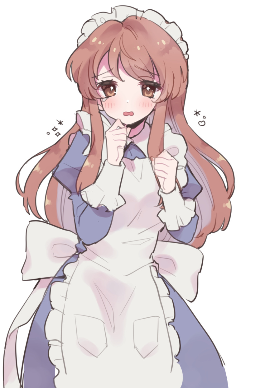 1girl, apron, asahina_mikuru, back_bow, blue_dress, bow, brown_eyes, brown_hair, dress, embarrassed, frilled_headwear, highres, hoshikuzu_(pinkholic), long_hair, looking_at_viewer, maid, maid_apron, maid_headdress, parted_lips, simple_background, smile, suzumiya_haruhi_no_yuuutsu, white_apron, white_background, white_bow, white_headdress