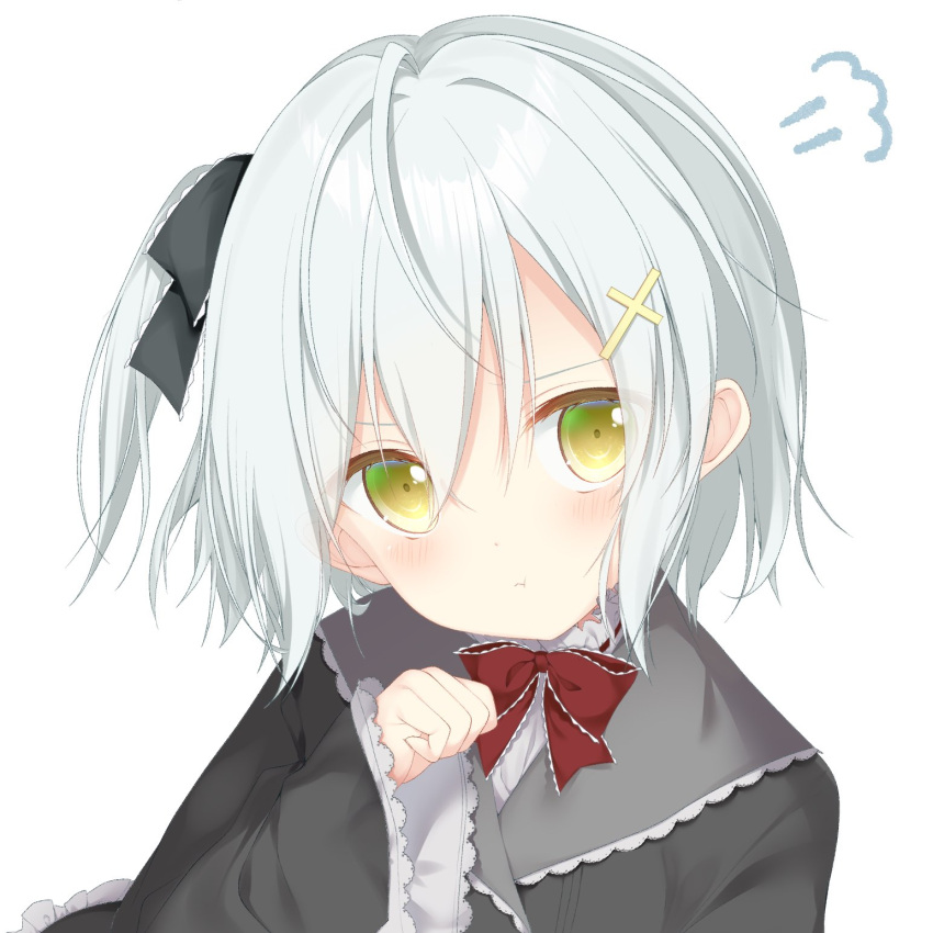 1girl, :t, \||/, ahoge, astralair_no_shiroki_towa, black_dress, black_ribbon, blush