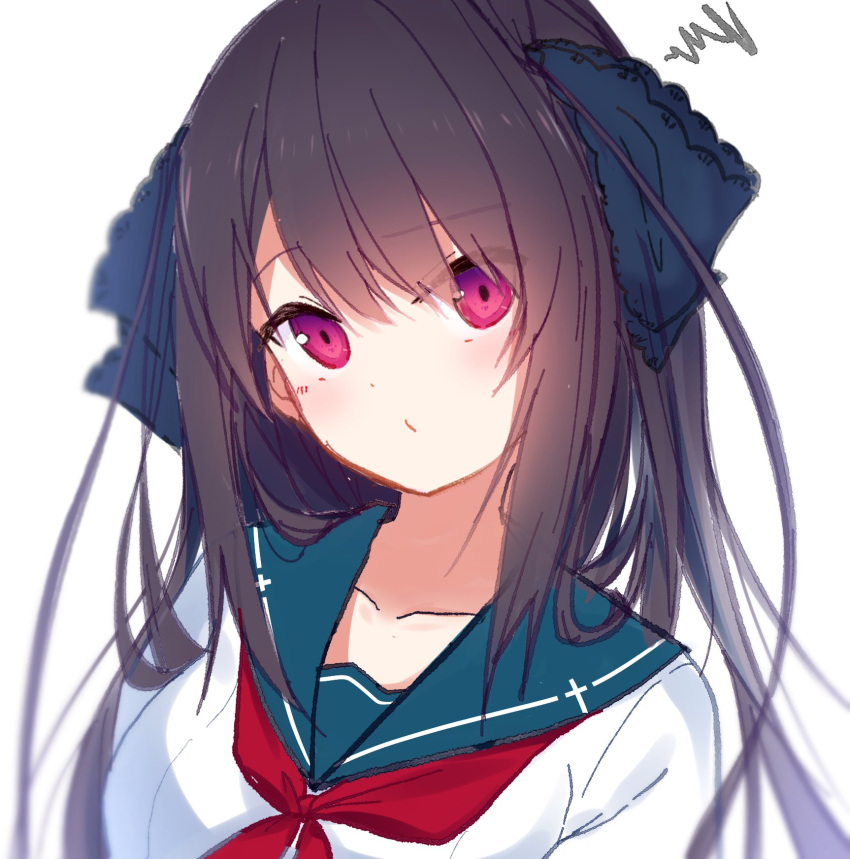 1girl, ao_no_kanata_no_four_rhythm, black_hair, black_ribbon, blue_sailor_collar, blush, closed_mouth, collarbone