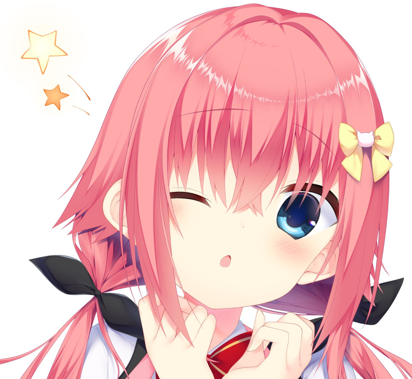 1girl, ;o, absurdres, black_bow, blue_eyes, blush, bow, bowtie